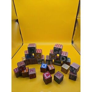 Lot of 23 Vintage Wood Alphabet Letter Number Picture Building Blocks